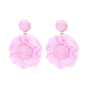 Pink handmade raffia woven chiffon flower drop earrings for women with bohemian style
