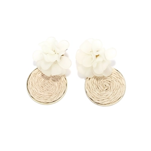 Detail of handmade resin flower earrings with woven raffia circles and gold metal frames