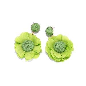 Detail of light green raffia and chiffon flower earrings with woven textures on white base