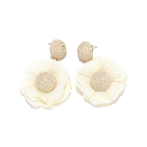 Macro detail of raffia woven center and layered chiffon petals on floral earrings