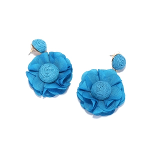 Detailed close-up of vibrant royal blue fabric flower earrings with 3D petals and studs