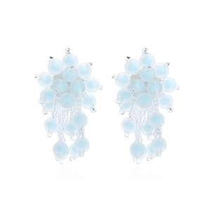 Handmade light blue beaded flower earrings with fringe tassels and matte finish beads