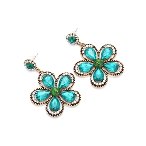 Vintage gold flower drop earrings with blue and green water-drop crystals and rhinestones