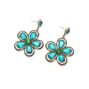 Vintage gold alloy flower earrings with colorful drop crystals and sparkling rhinestones