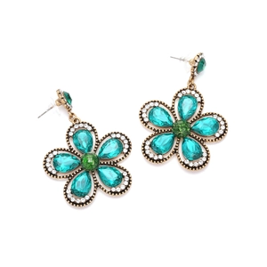 Retro gold alloy flower earrings with green teardrop gems and white zircon inlay