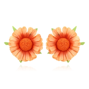 Handmade Fabric Flower Earrings Daisy Bohemian Raffia Floral Studs Exaggerated Vacation Jewelry For Women
