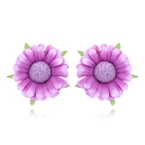 Handmade purple fabric flower earrings with green leaves on a clean white background