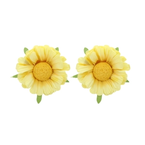 Handmade yellow fabric flower earrings with vibrant daisy petals and green leaf accents