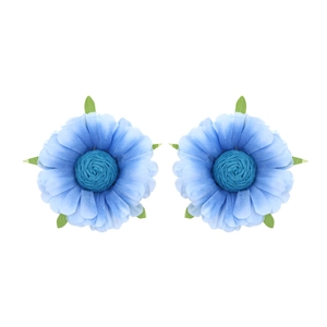 Close-up of handmade fabric flower earrings with blue gradient petals and green leaves
