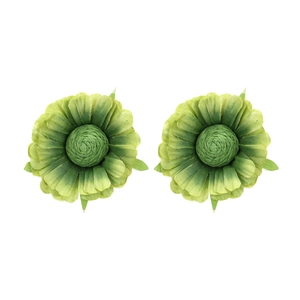 Macro detail of handmade green fabric sunflower earrings with layered textile petals