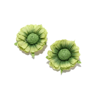 Detailed macro view of handmade green fabric daisy earrings with gradient floral petals