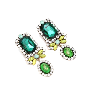 Baroque style gold plated earrings with green emerald crystals and white rhinestones