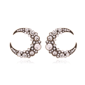 Retro Crescent Moon Stud Earrings For Women Antique Gold Finish Full Rhinestone Pavé Glamorous High-End Vintage Style