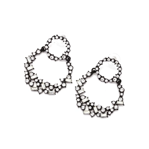Fashionable black alloy double hoop earrings with sparkling rhinestones for women