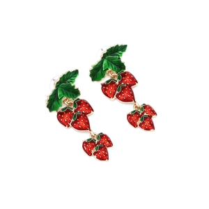 Boucles d'oreilles fraises en émail rouge et breloques en forme de feuilles vertes