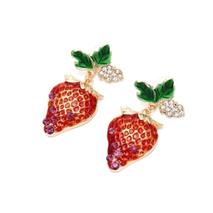Cute strawberry earrings with red enamel leaves and sparkling crystals in gold plating