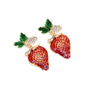 Cute strawberry drop earrings with gradient red enamel and sparkling rhinestones