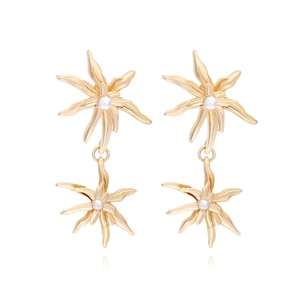 Vintage Gold Tone Alloy Double Flower Drop Earrings With Faux Artificial Pearl For Women Retro Design Floral Jewelry