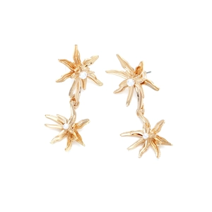 Golden double flower drop earrings with brushed petals and faux pearl center accents