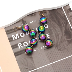Long beaded drop earrings with colorful metallic rainbow globes and gold hooks