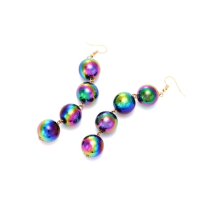 Modern handmade drop earrings with four colorful gradient beads on gold metal hooks