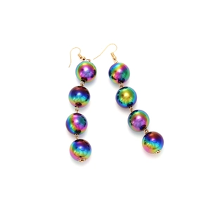 Iridescent handmade beaded drop earrings with golden hooks on white background