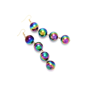 Handmade iridescent beaded drop earrings with golden hooks on white background