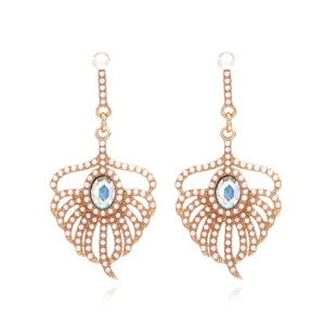 Vintage Fan Shaped Dangle Earrings Alloy Faux Artificial Pearl Rhinestone Feather Leaf Design Hollow Out Elegant Jewelry Women