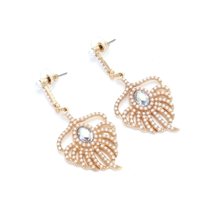 Elegant feather-shaped drop earrings with faux pearls and crystals on gold alloy base