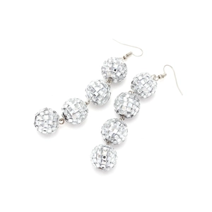 Sparkling silver disco ball drop earrings with four reflective mirror spheres on long hooks