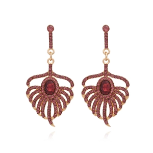 Elegant gold vintage leaf earrings with red ruby-style stone and purple crystal rhinestones