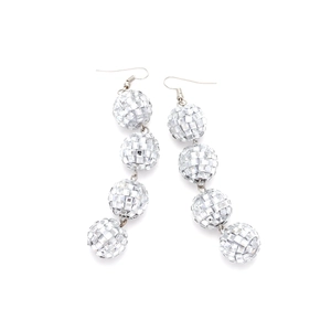 Elegant silver disco ball drop earrings with sparkling crystals on white background