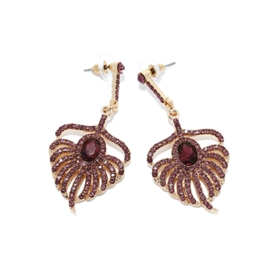 Elegant gold drop earrings featuring purple rhinestones and a peacock feather fan shape