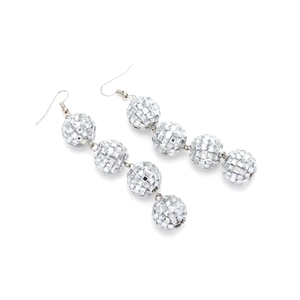 Silver disco ball drop earrings with four mirrored spheres in a vertical layout