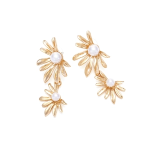 Golden flower drop earrings with layered daisy design and white pearl center accents