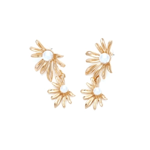 Golden double-layered sunflower earrings with pearl centers on a clean white background