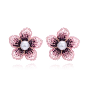 Orecchini A Lobo Con Fiori Ricamati Rosa Viola Sfumato Pizzo Tessuto Con Perla Artificial Sintetica Gioielli Romantici Per Donne
