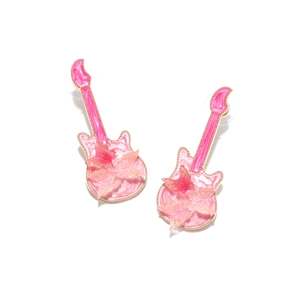 Detail of pink enamel electric guitar stud earrings with cute butterfly accent