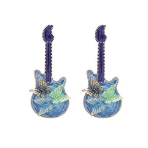 Handcrafted enamel guitar earrings with 3D colorful butterflies in bohemian art style