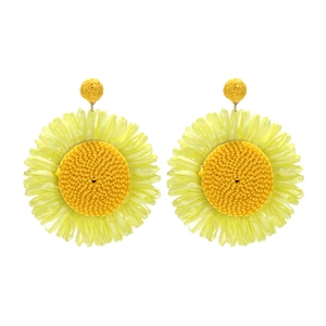 Handmade raffia sunflower earrings in bright yellow featuring a woven petal design