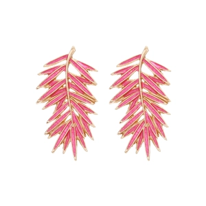 Boucles d'oreilles feuilles de palmier émail rose et métal doré, style tropical chic