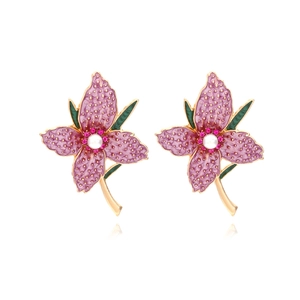 Purple Enamel Flower Stud Earrings With Imitation Artificial Pearl And Rhinestone Elegant Floral Alloy Jewelry For Women
