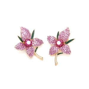 Floral stud earrings with pink petals, center pearl and cubic zirconia in gold setting