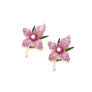 Floral stud earrings with pink enamel petals, white pearl center and crystal accents