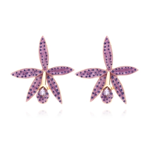 Alloy Enamel Orchid Flower Stud Earrings With Spotted Texture And Teardrop Zircon Elegant Vintage Jewelry For Women