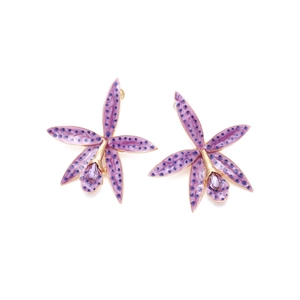 Elegant purple orchid flower stud earrings with gold plating and drop gemstone