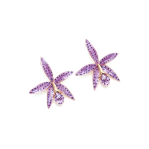 Detail of purple orchid earrings with enamel petals and teardrop-shaped gemstones
