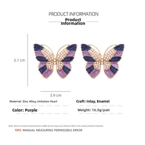 Detailed dimensions of purple butterfly earrings with pearls and zinc alloy material