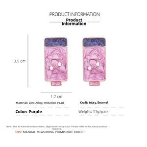 Detail showing 3.5x1.7cm purple marble resin earrings with zinc alloy and imitation pearls