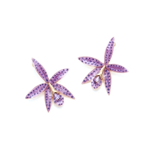 Elegant lavender orchid flower stud earrings with blue spots and purple crystal gems